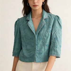 Fire Los Angeles Teal Embroidered Puff-Sleeve Short Blouse